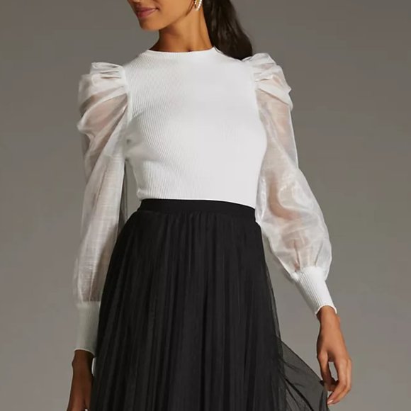 NWT Anthropologie DOLAN Left Coast Sheer-Sleeve Puff-Sleeve Top White - Small - Picture 2 of 14